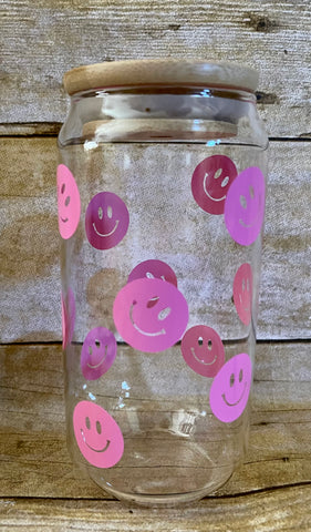 Beer can glass with smiley faces